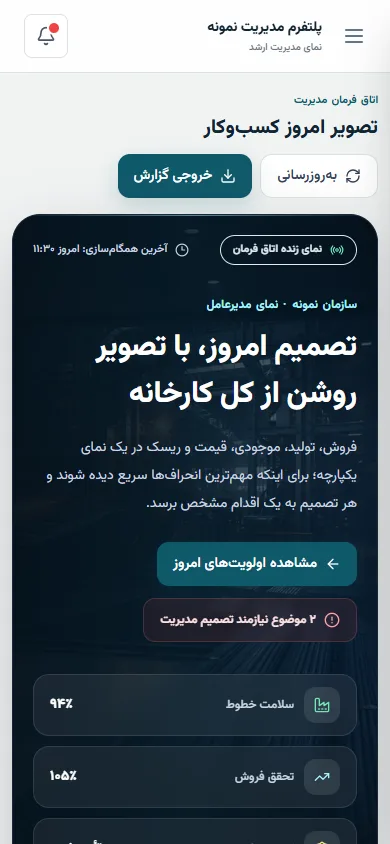 پیش‌نمایش موبایل اتاق فرمان مدیریتی